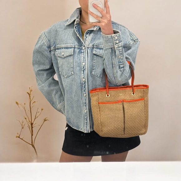 Anya Hindmarch Orange Patent Leather Trim Woven Beach Tote - Picture 2 of 13